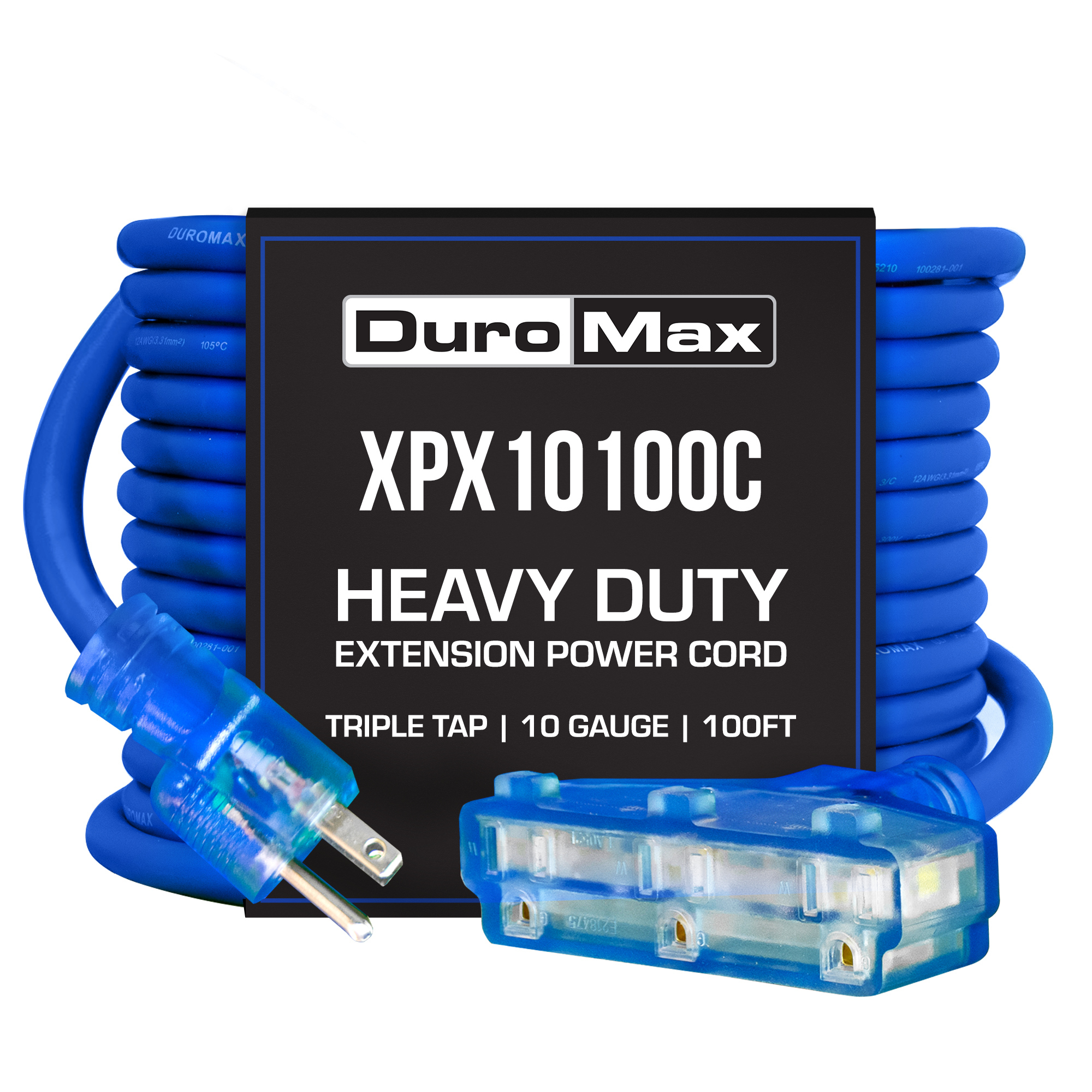 DuroMax, 10 Gauge 100ft. Flexible Triple Tap Cord, Cord Length 100 ft, Cable Gauge 10 Amps 15 Model# XPX10100C